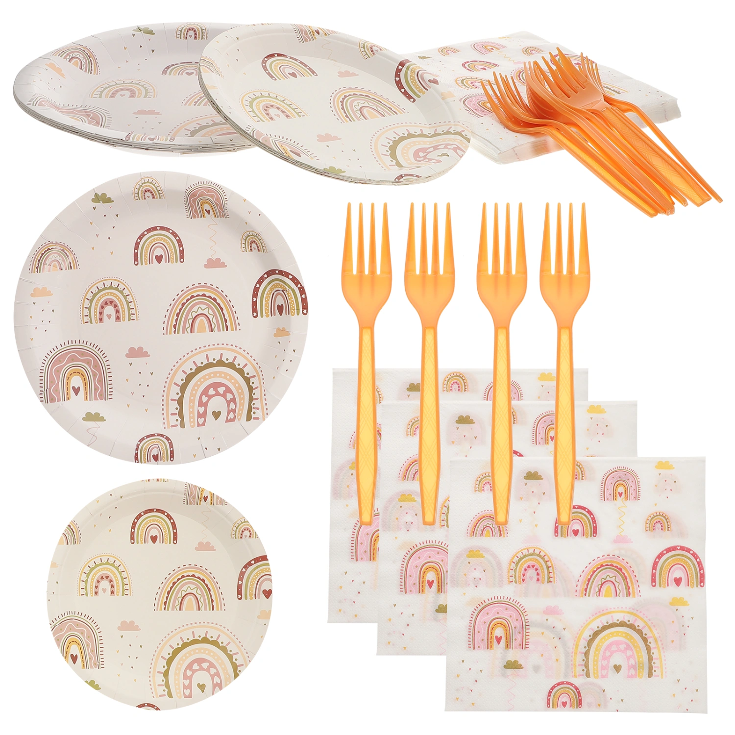 1 Set Rainbow Theme Party Tableware Rainbow Theme Paper Plates Paper Napkins with Forks