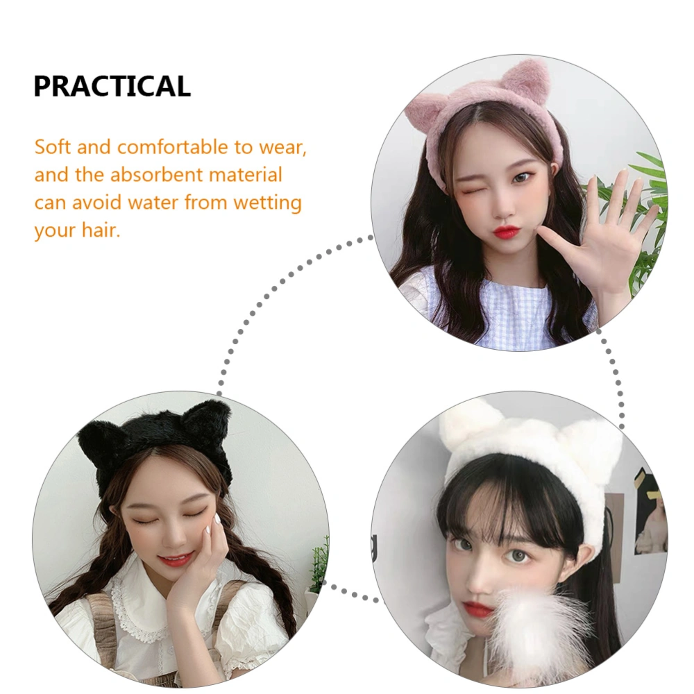 3pcs Plush Cat Ear Hair Hoops Plush Face Washing Headband Women Lovely Hairband