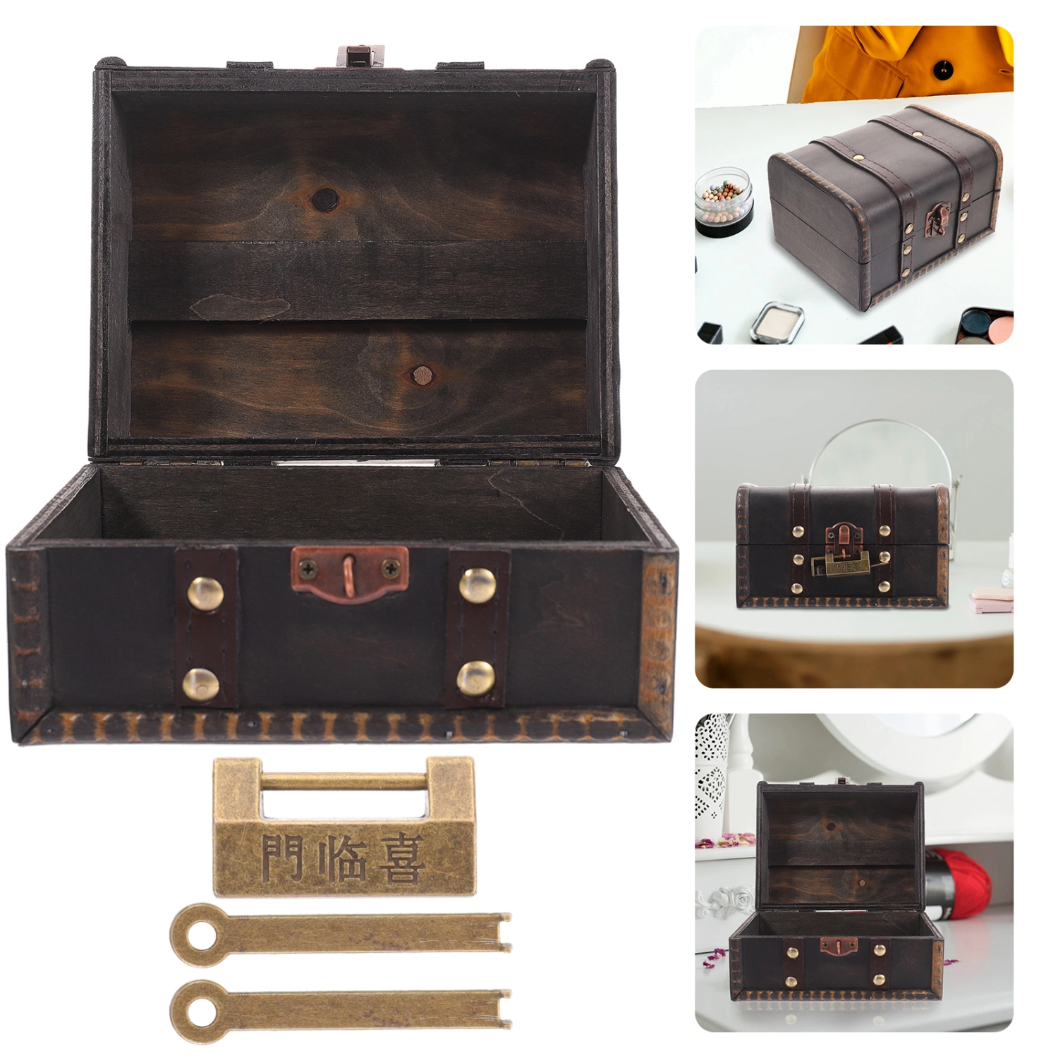 Retro Wooden Jewelry Box Trinket Box Antique Jewelry Container Sundries Case