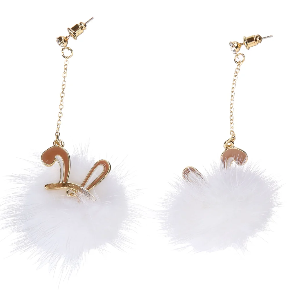 1 Pair Plush Ball Earrings Rabbit Ear Pom Pom Dangle Earrings Puff Ball Drop Earrings