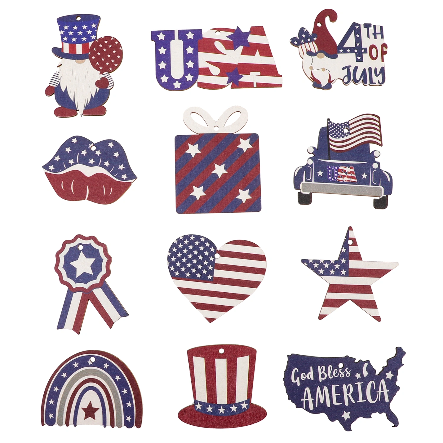 12pcs Independence Day Wooden Ornaments 4th of July Wood Hanging Ornaments For Independence Day Party Favors