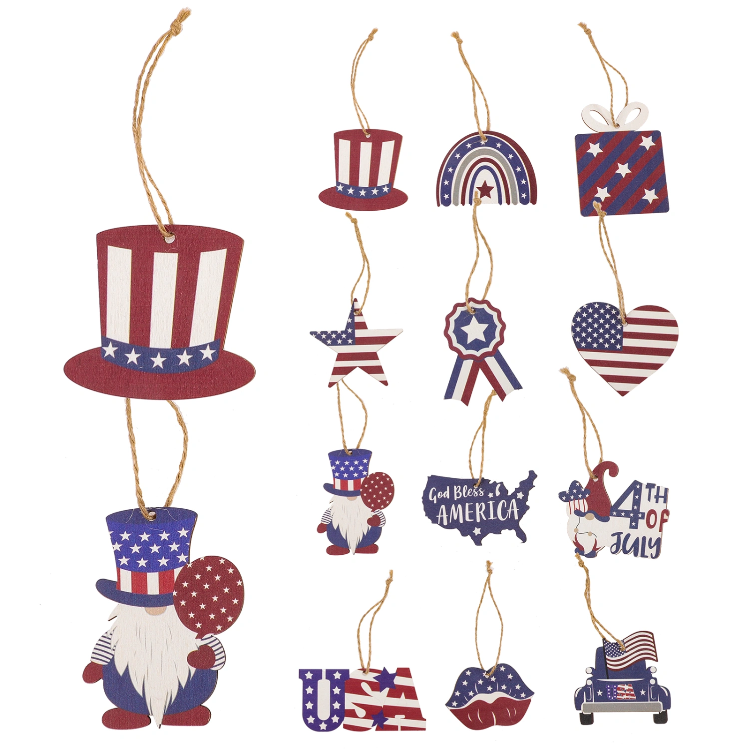 12pcs Independence Day Wooden Ornaments 4th of July Wood Hanging Ornaments For Independence Day Party Favors