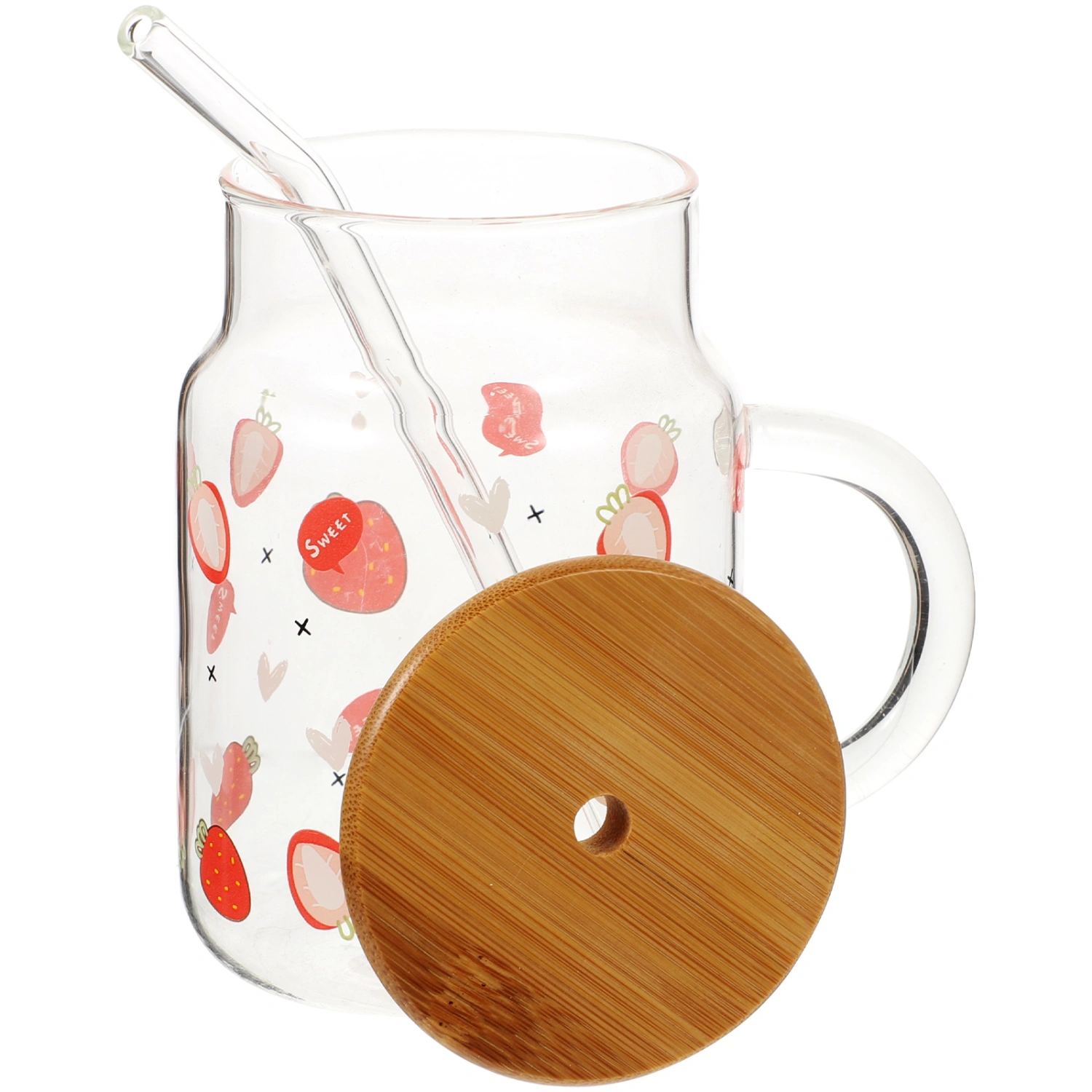 1 Set of Glass Water Cup with Straw Handheld Glass Cup Clear Milk Cup Wood Lid Glass Cup