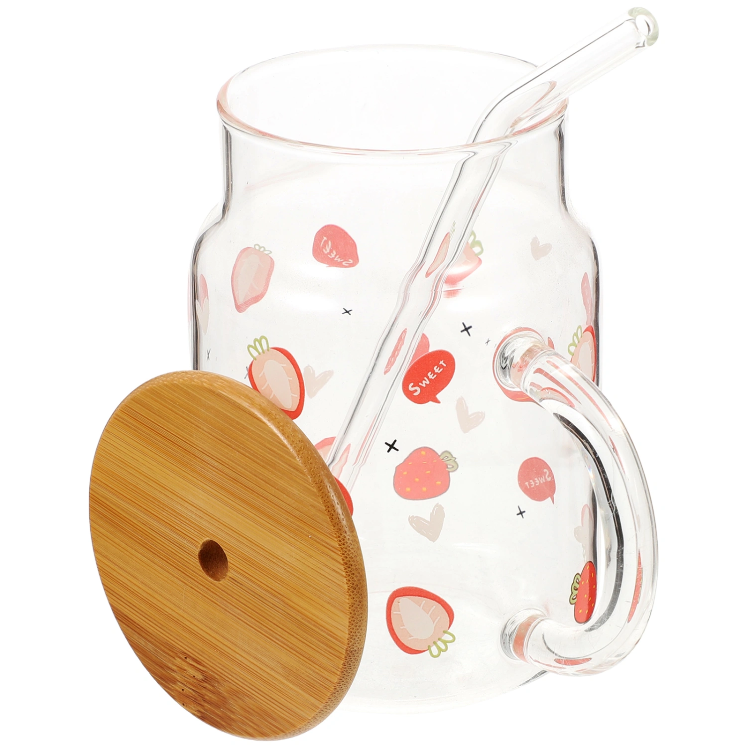 1 Set of Glass Water Cup with Straw Handheld Glass Cup Clear Milk Cup Wood Lid Glass Cup