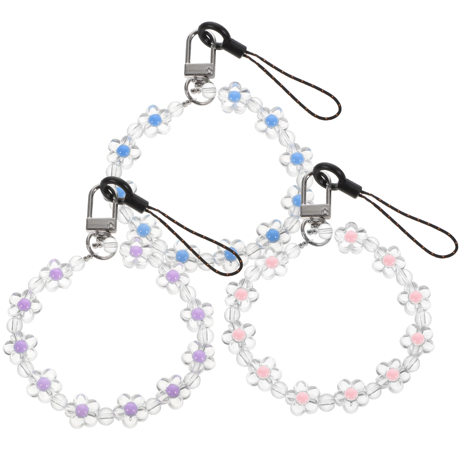 3Pcs Flower Beaded Phone Charm Cell Phone Lanyard Wrist Strap Mobile Phone Chain String