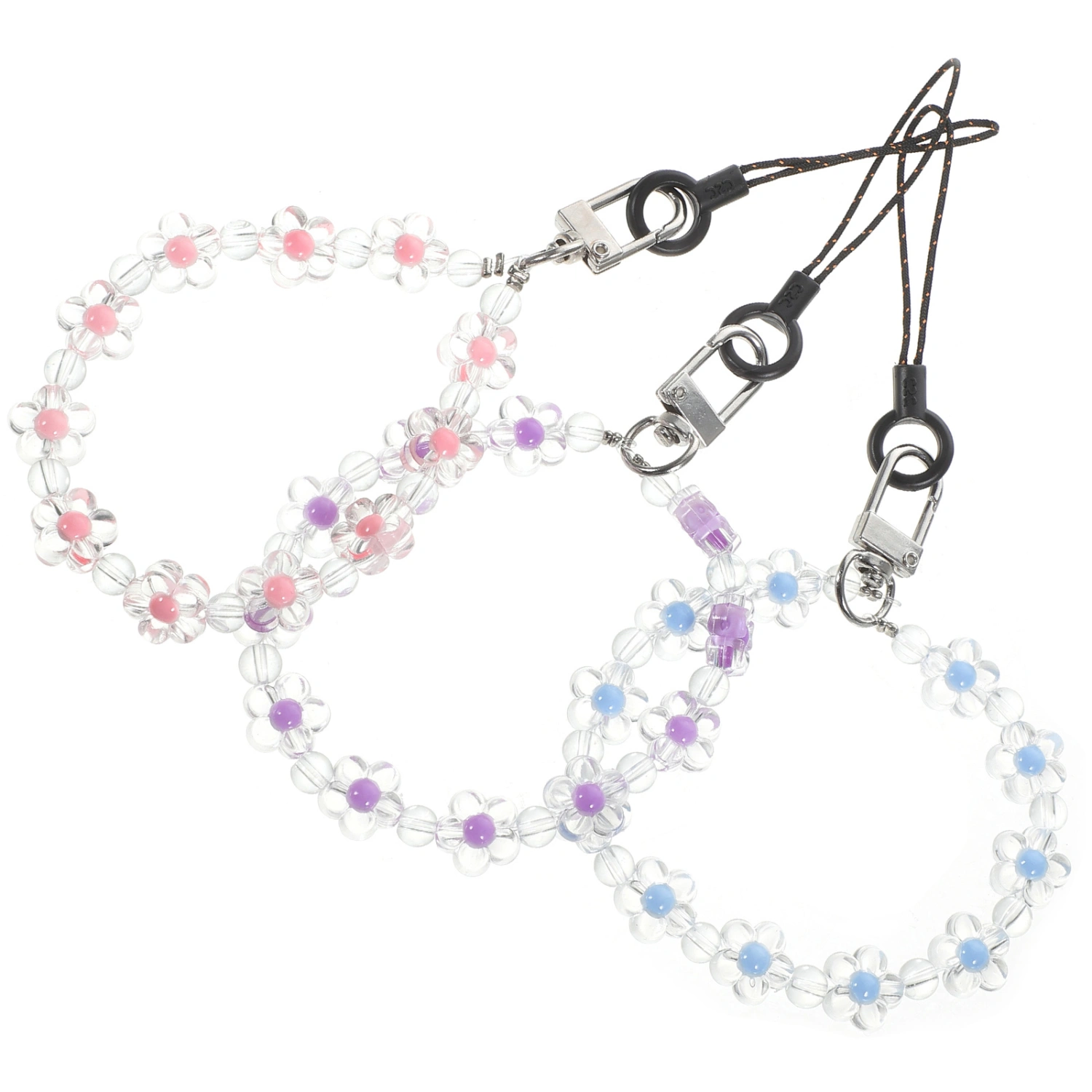 3Pcs Flower Beaded Phone Charm Cell Phone Lanyard Wrist Strap Mobile Phone Chain String