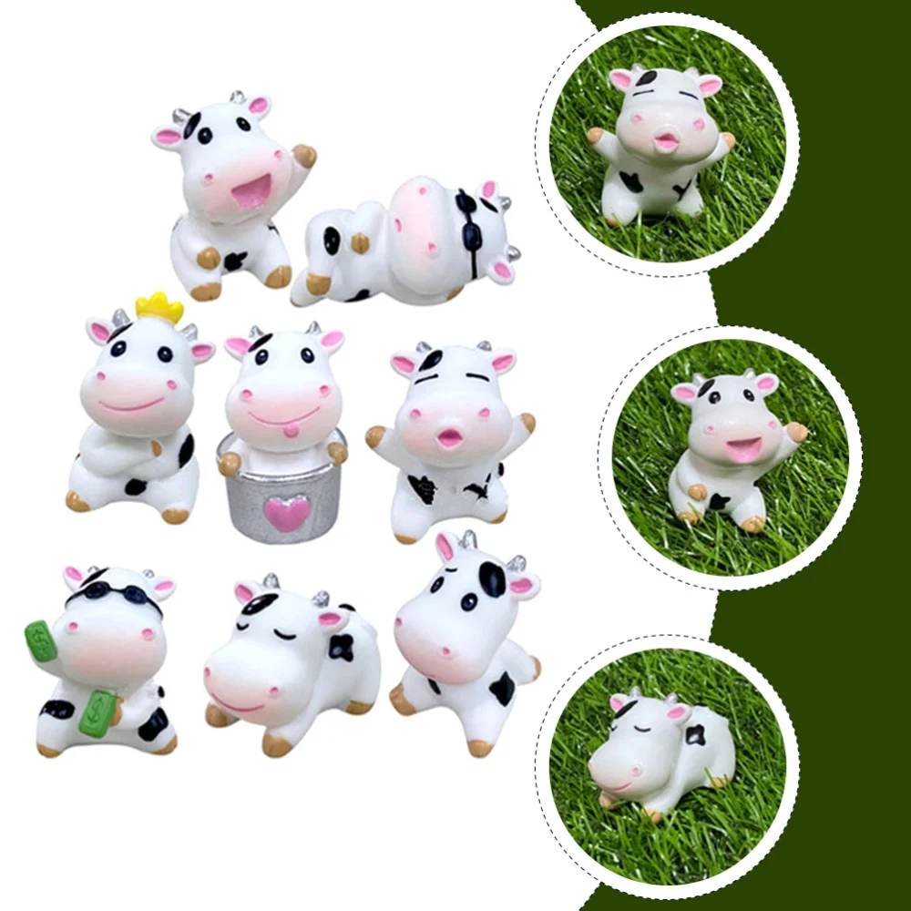 8Pcs Small Cow Figurines Cartoon Cow Statues Resin Cow Crafts Mini Garden Cow Figurines Decor