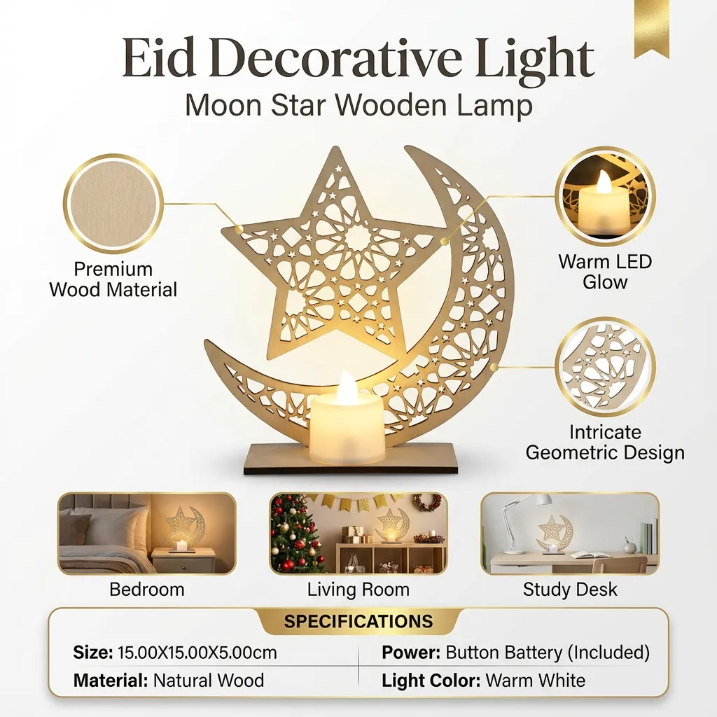 Eid Lamp LED Decorative Light Festival Light Wooden Lamp Decoration Moon Star Lamp