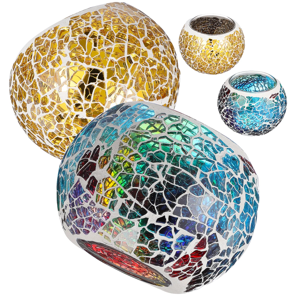 4 Pcs Crackled Glass Mosaic Tealight Holders Unique Shattered Glass Surface Candle Holders Home Decorations