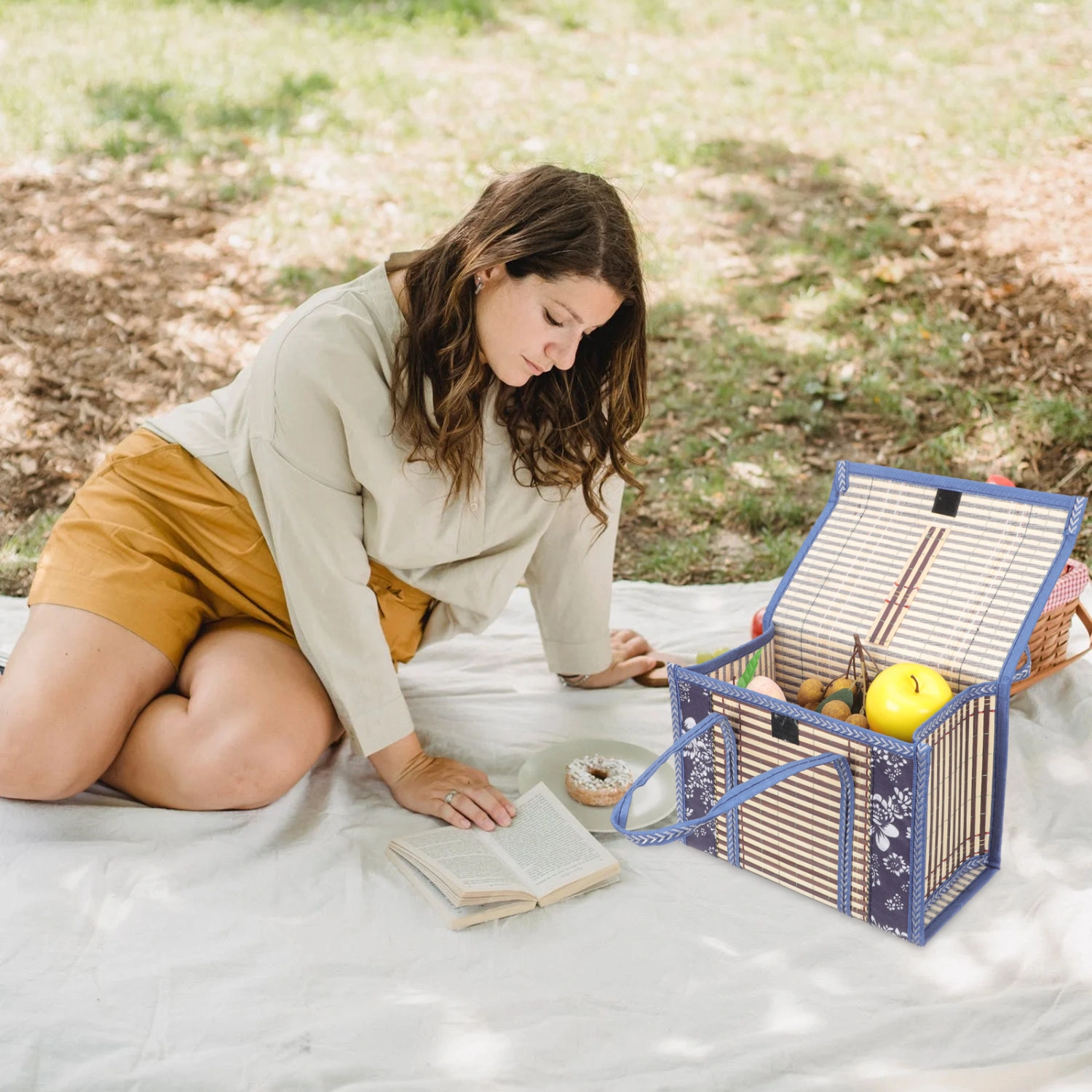 Portable Picnic Basket Handheld Bamboo Basket Gift Wrapping Box Fruit Holding Basket