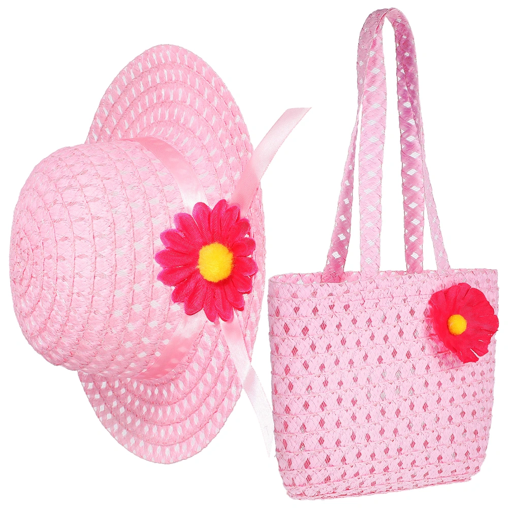 Kid Girls Beach Straw Hat and Bag Set Flower Decorative Summer Tea Party Hat with Tote Bag