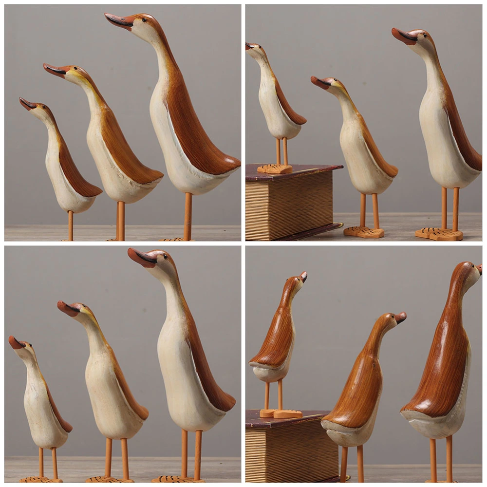 3pcs Creative Wooden Duck Sculpture Desktop Duck Statue Home Wooden Duck Decoration