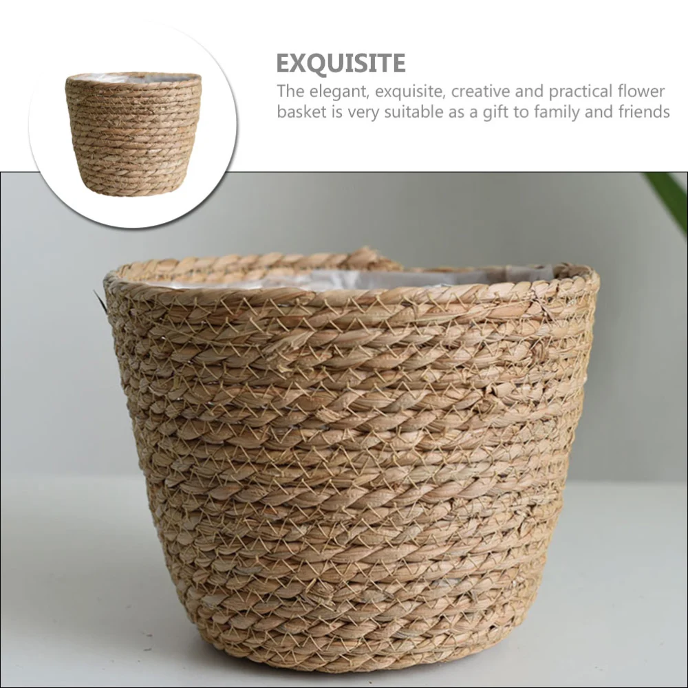 Hand Woven Planter Basket Rustic Plant Container Straw Flower Pot with Plastic Liner