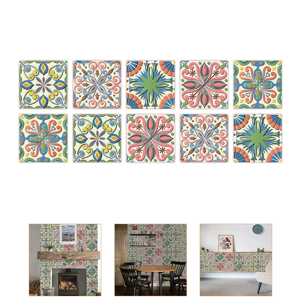 10Pcs Self Adhesive Wall Tiles Stickers Vintage Adhesive Kitchen Wallpaper Wall Art Decoration