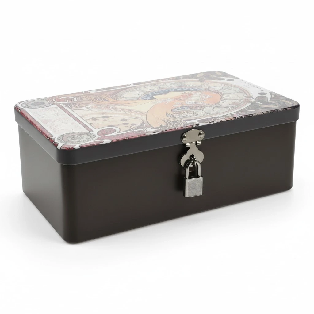 Vintage Tinplate Storage Box With Lock Desktop Storage Case Jewelry Case