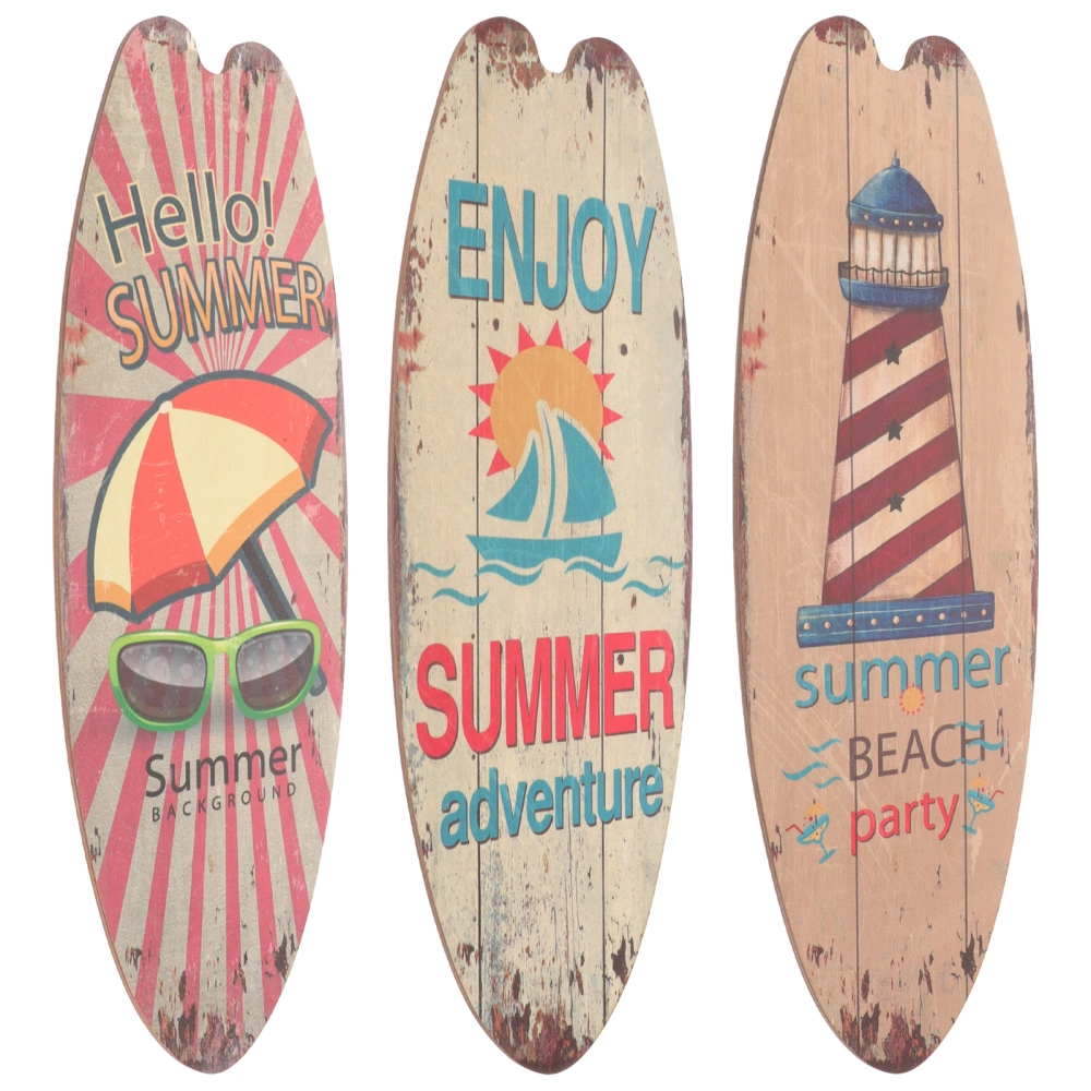 3Pcs Wooden Surfboard Signs Summer Wooden Hanging Sign Beach Themed Decorative Wall Art