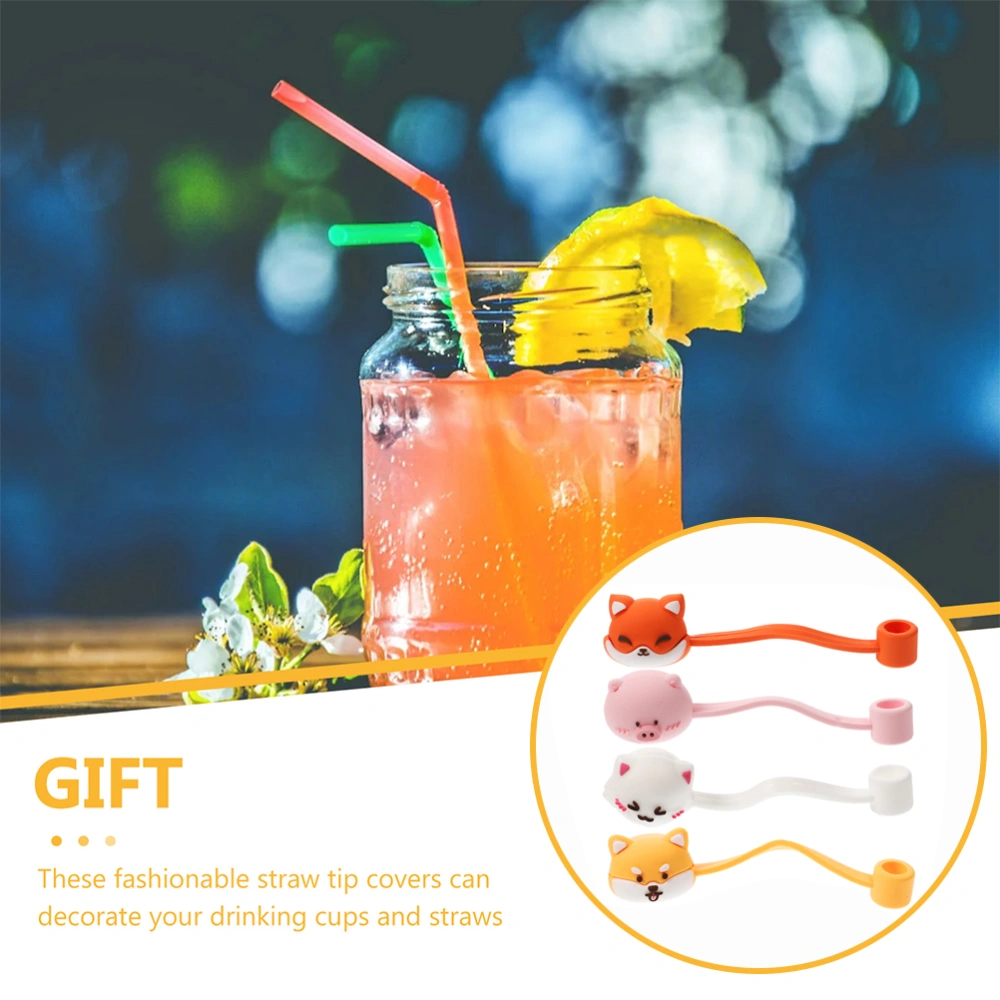 4Pcs Reusable Drinking Straw Caps Straw Lids Cartoon Animal Design Straw Plugs Straw Tips