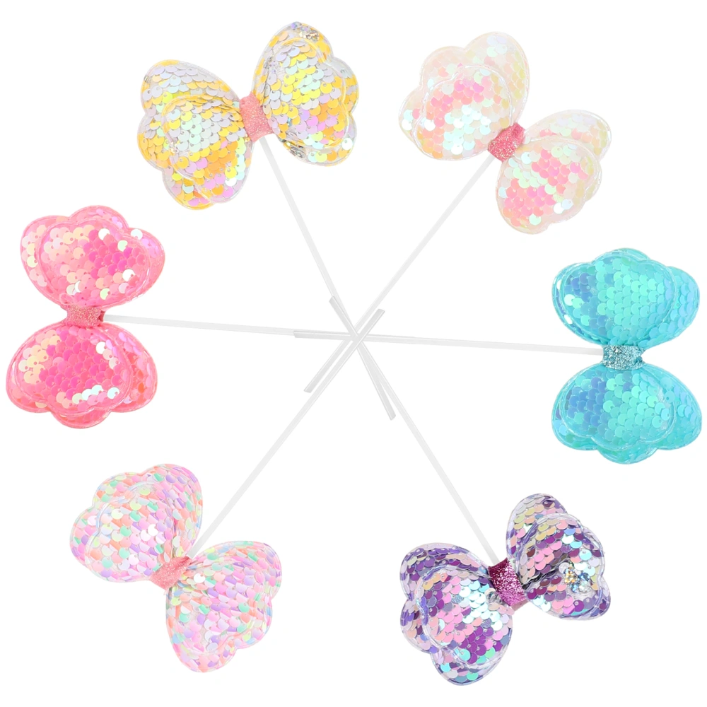 6pcs Bow Cupcake Toppers Sequin Cupcake Topper Cute Cake Decorations for Hawaii and Birthday Party Mixed Color