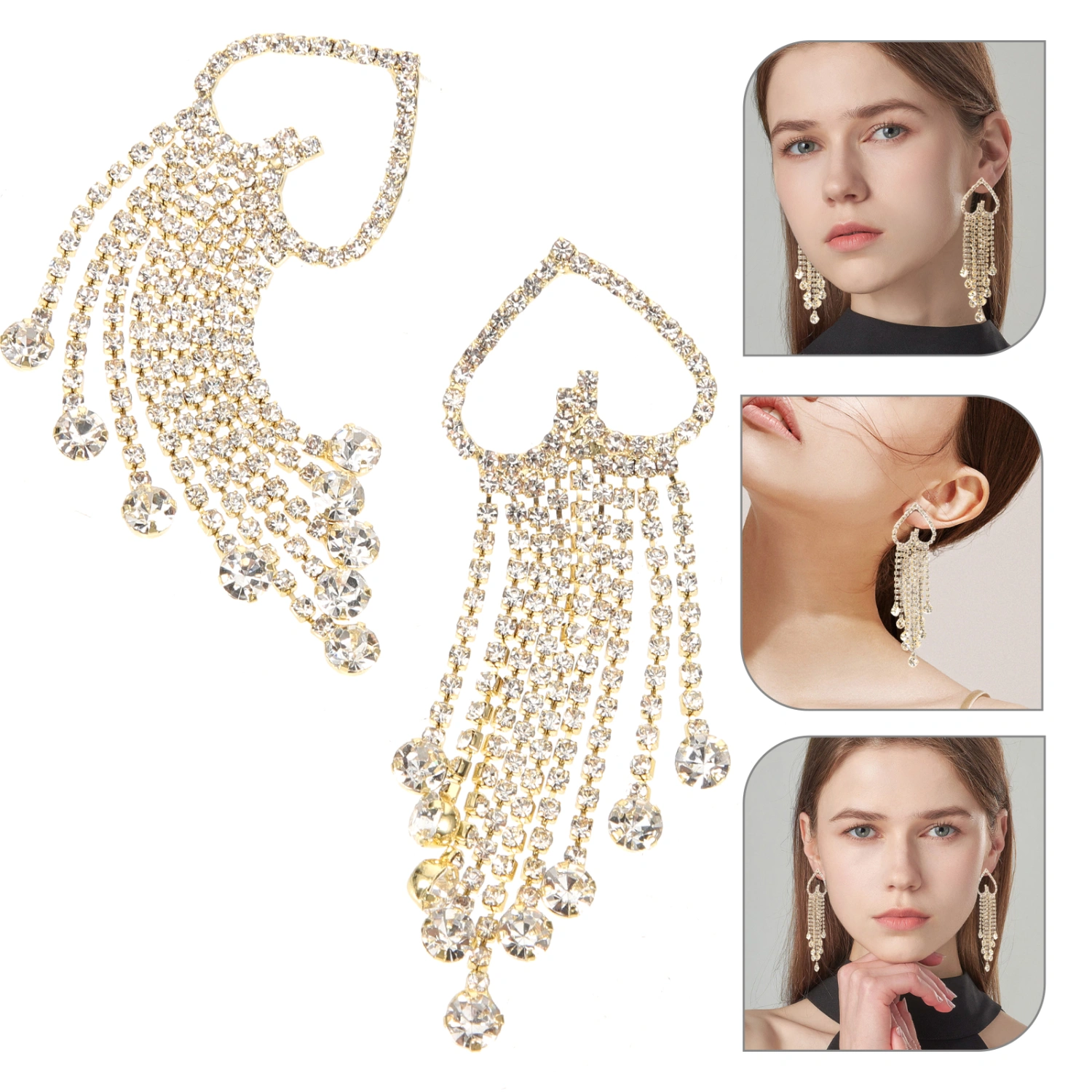 1 Pair Heart Tassel Earrings Rhinestone Dangle Earrings Drop Earrings Ear Jewelry