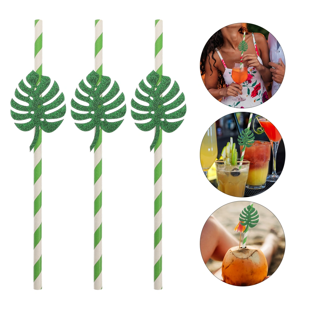 10pcs Monstera Paper Straws Glitter Straws Disposable Luau Party Drinks Straws