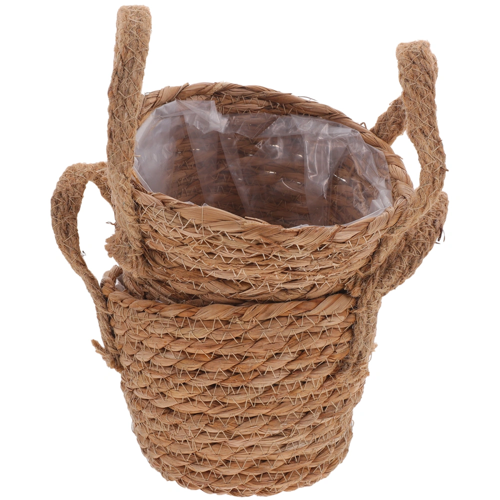 2Pcs Rustic Hand Woven Plant Basket Natural Woven Flower Planter Plant Container with Handle