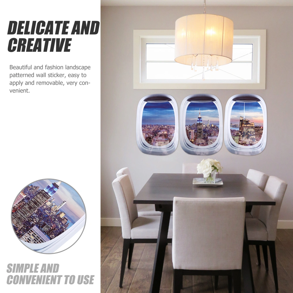 3pcs Creative Simulated Airplane Window Sticker Decorative Home Use Wall Decal Landscape Sticker