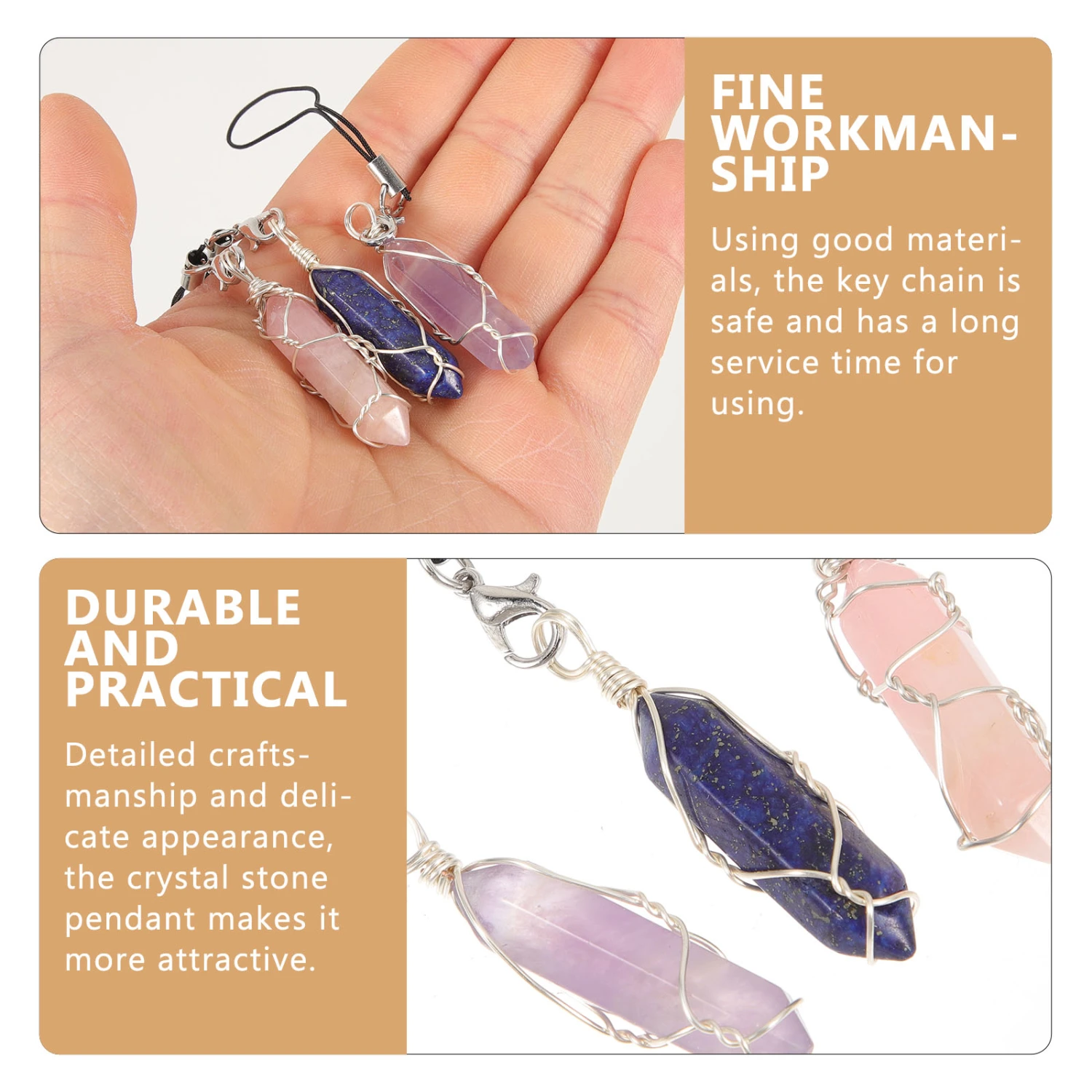 3Pcs Crystals Stone Key Chain Crystal Keychain Hanging Ornament Backpack Key Chain Pendant