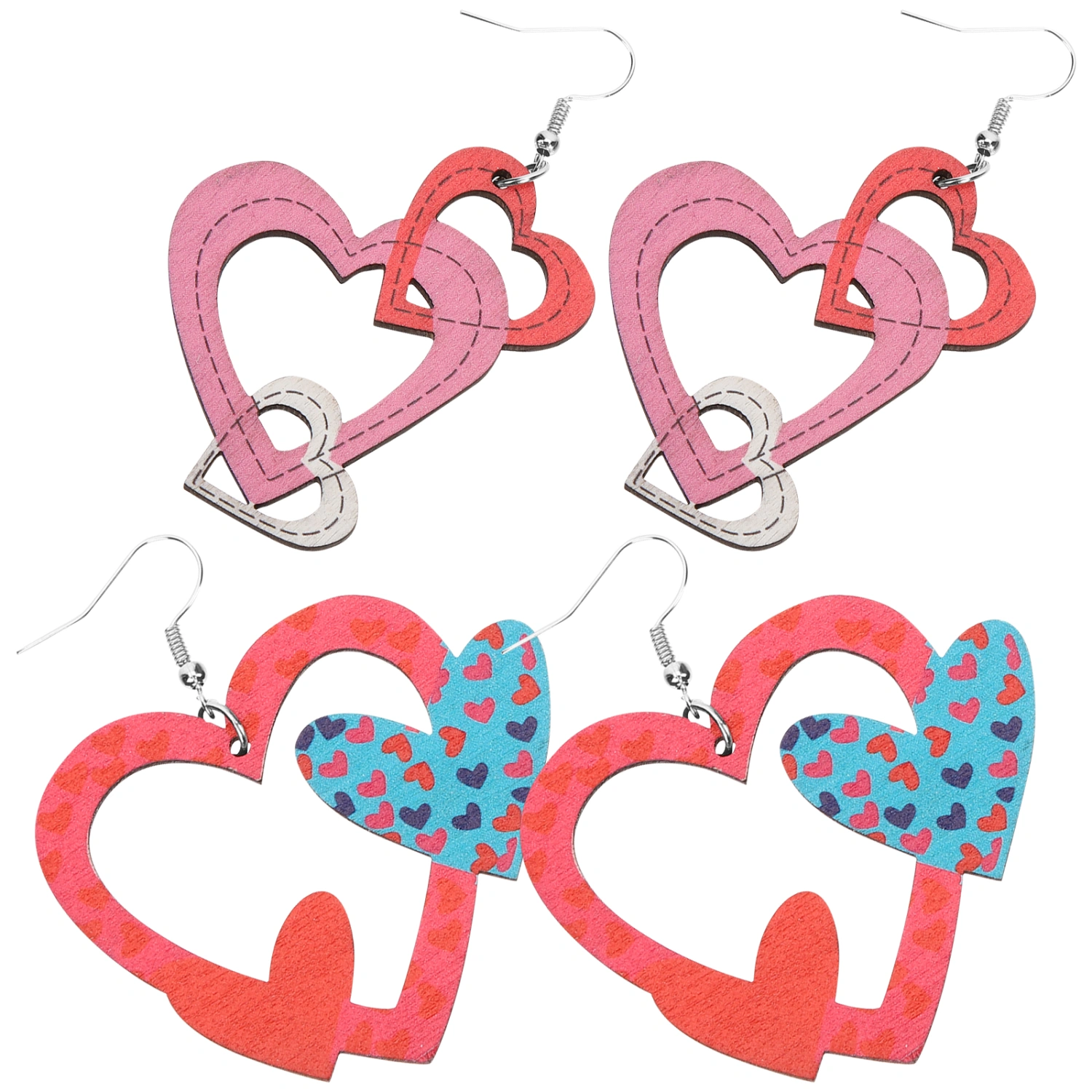 2 pairs of Valentine's Day Heart Dangle Earrings Drop Earrings Ear Accessory for Women