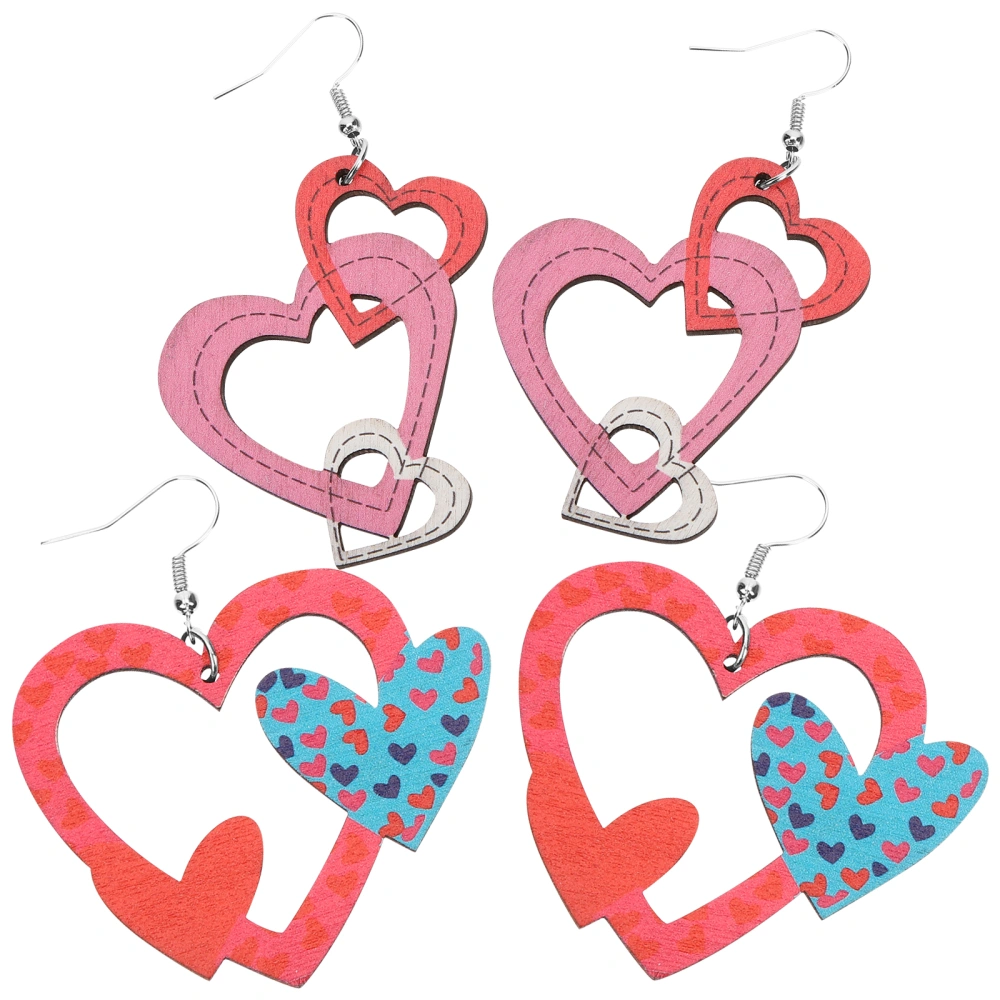 2 pairs of Valentine's Day Heart Dangle Earrings Drop Earrings Ear Accessory for Women