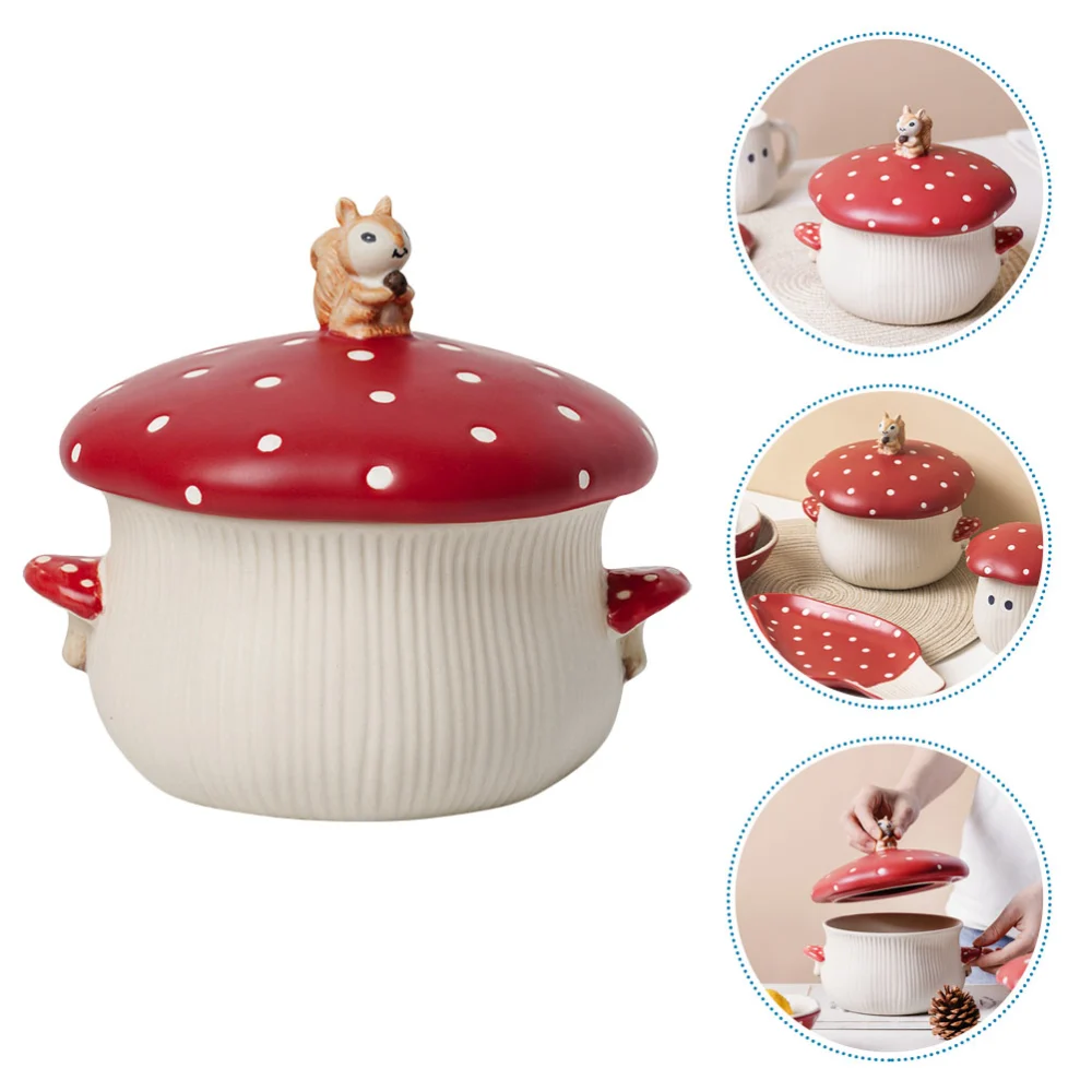 Ceramic Instant Noodle Bowl Student Dormitory Bowl with Lid Mushroom Bowl