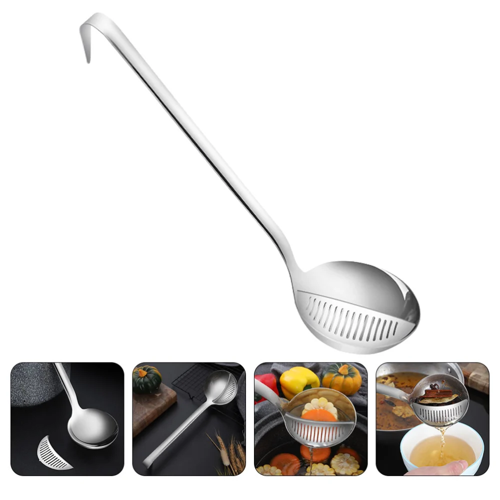 Stainless Steel Strainer Spoon Long Handle Oil Filter Spoon Soup Ladle Convenient Oil Filtering Spoon