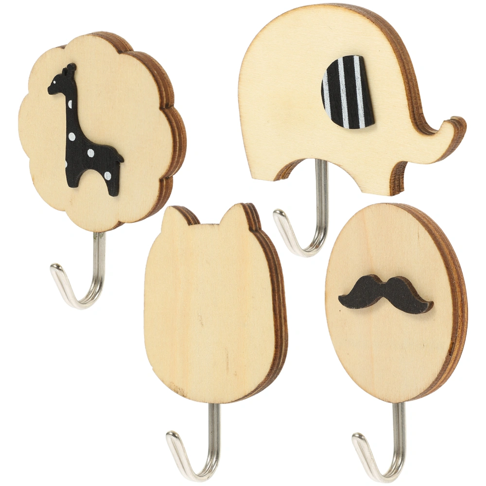 4Pcs Adhesive Wall Hooks Multi-use Wood Hooks Kitchen Bathroom Wall Hangers Cartoon Hooks