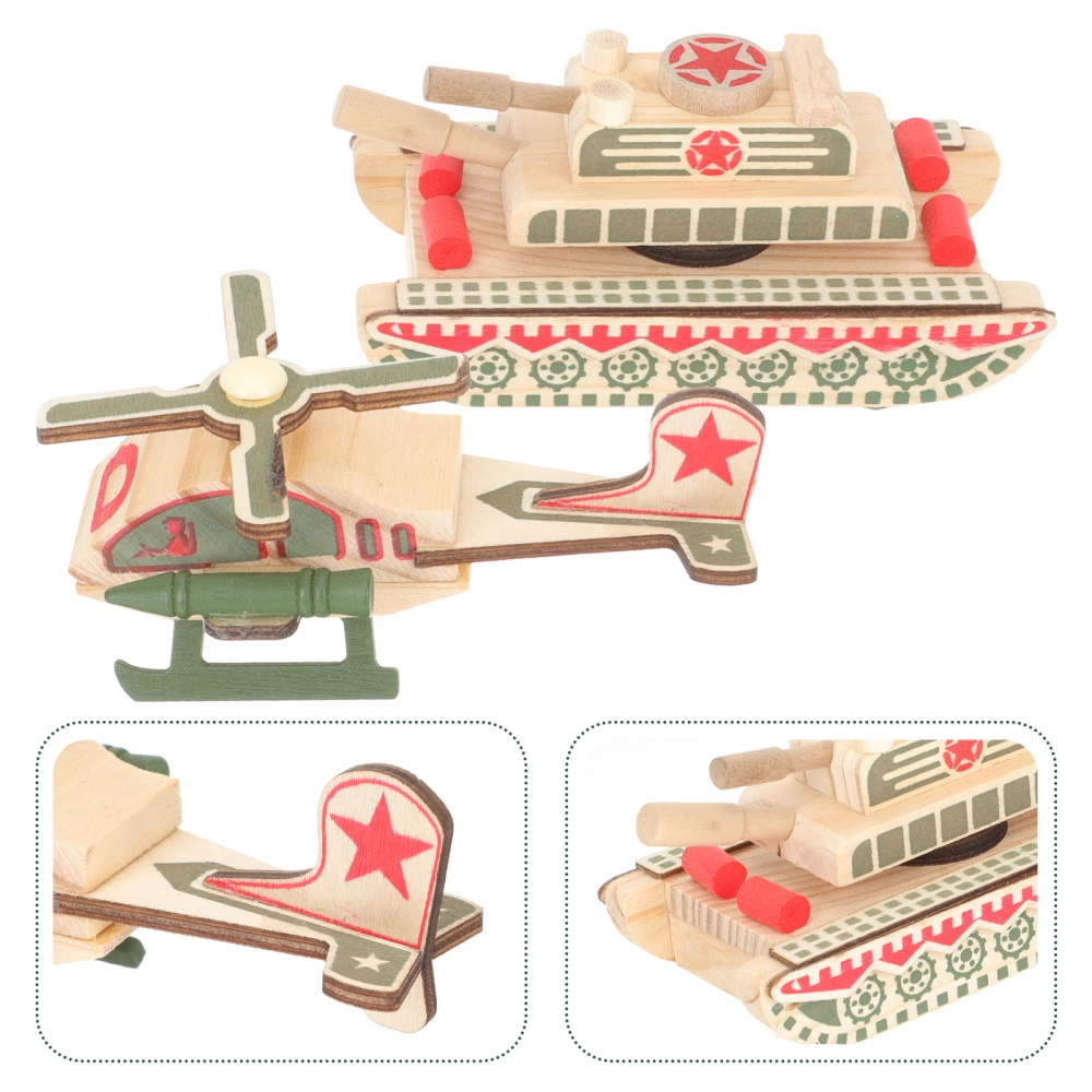 2Pcs Wooden Military Tank Kids Missile Vehicle Model Wood Helicopter Model Children Tank Plaything