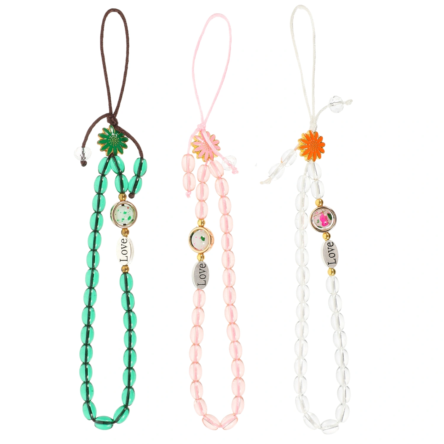 3pcs Pearl Beaded Phone Charms Cell Phone Wrist Straps Daisy Beaded Phone Lanyard