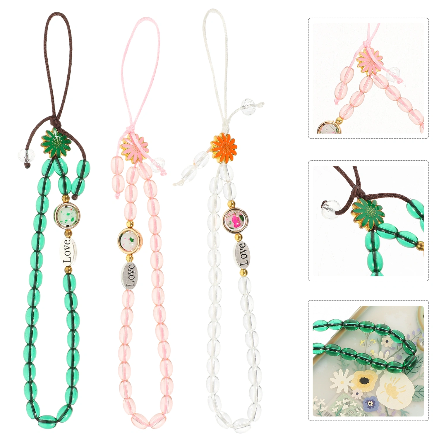 3pcs Pearl Beaded Phone Charms Cell Phone Wrist Straps Daisy Beaded Phone Lanyard