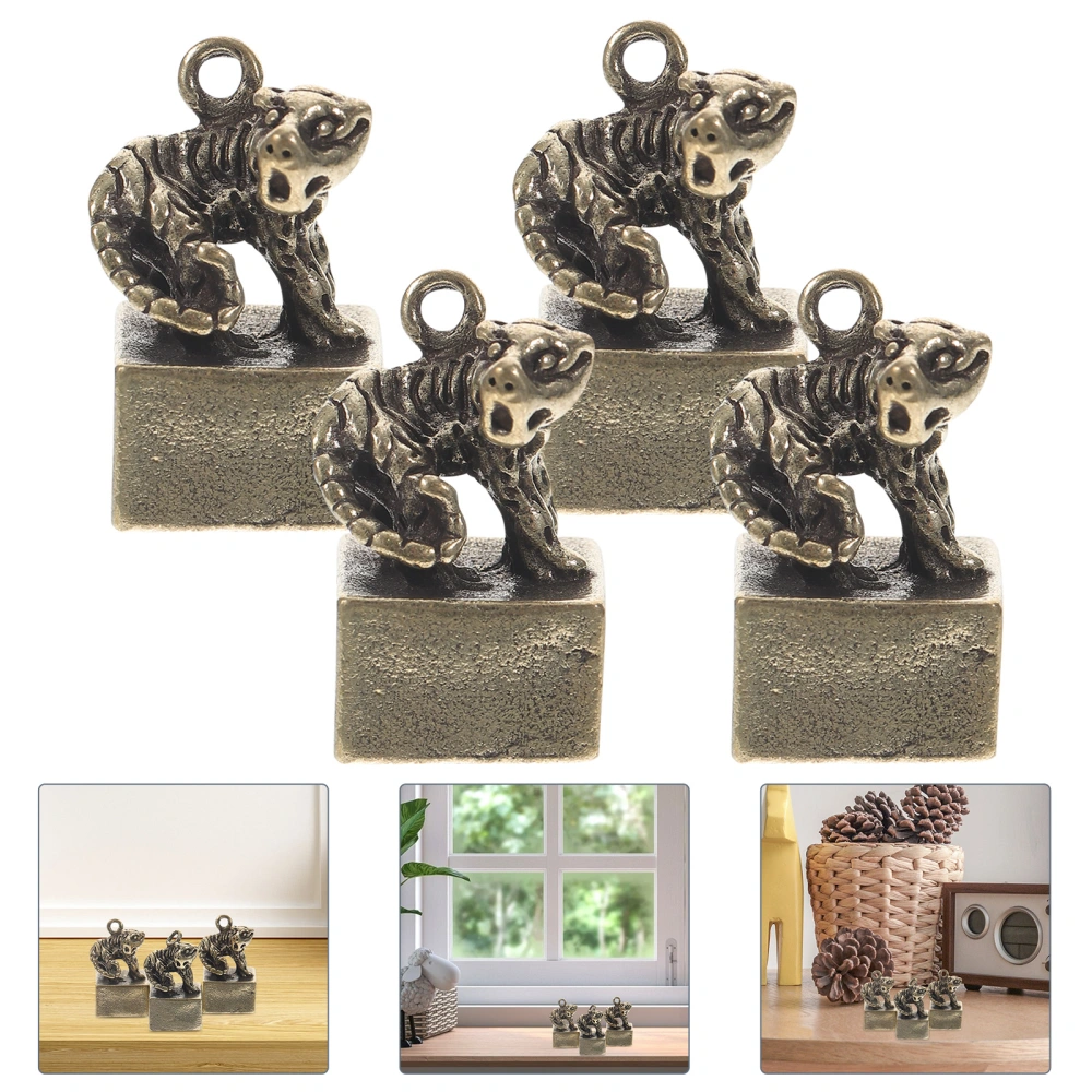 4pcs Retro Brass Tiger Statue Stamper Desktop Adorn Small Brass Animal Figurine