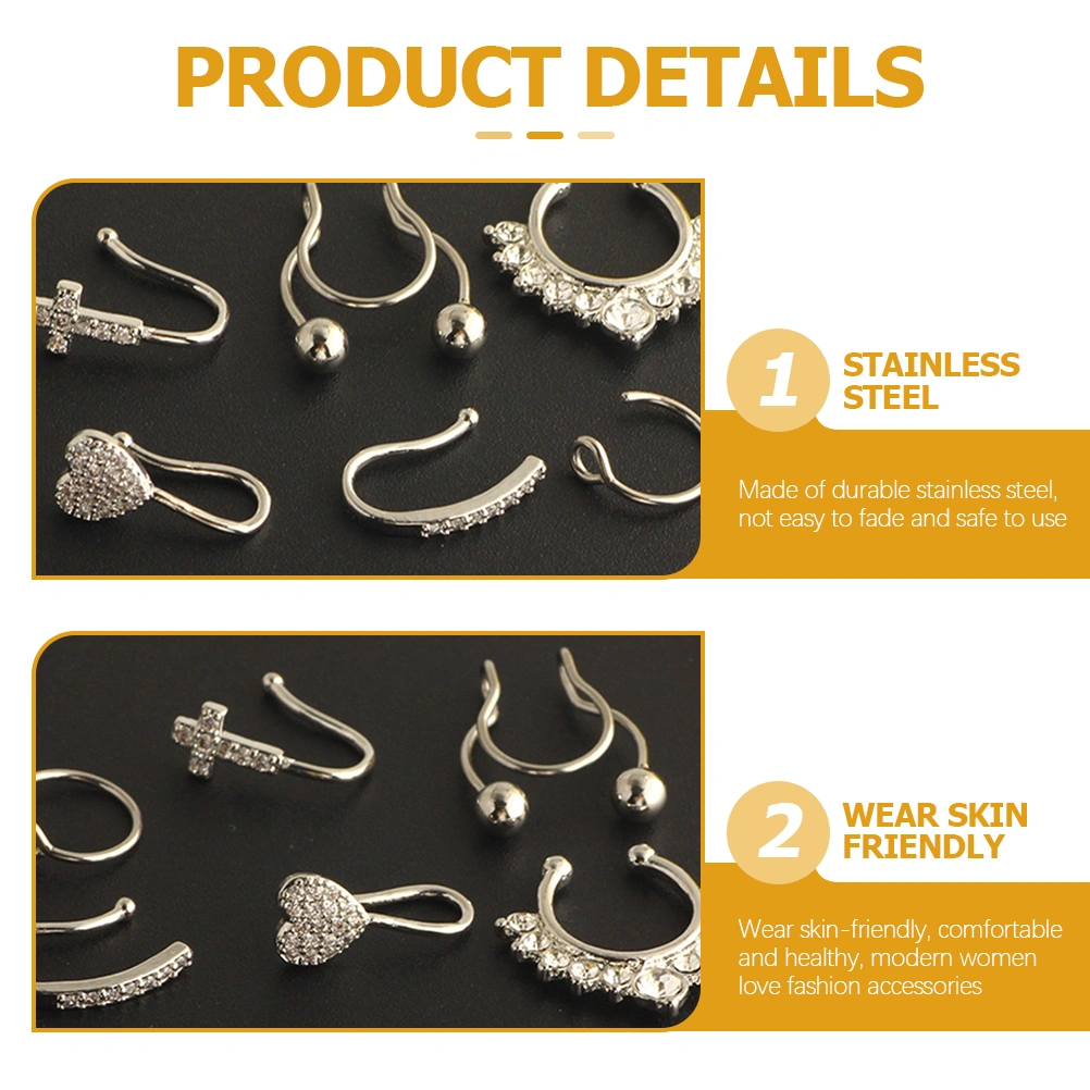 6pcs Fake Nose Rings Non Piercing Clip On Nose Rings Bling Zircon Nose Rings