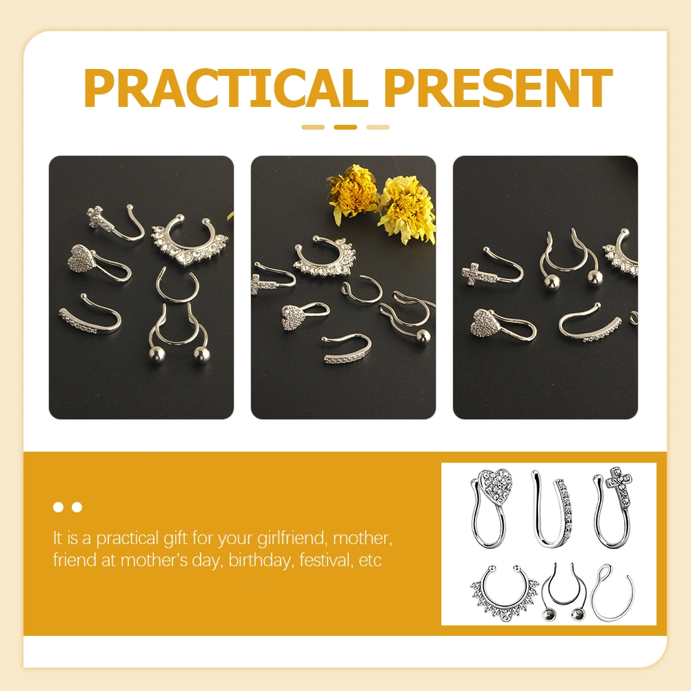 6pcs Fake Nose Rings Non Piercing Clip On Nose Rings Bling Zircon Nose Rings