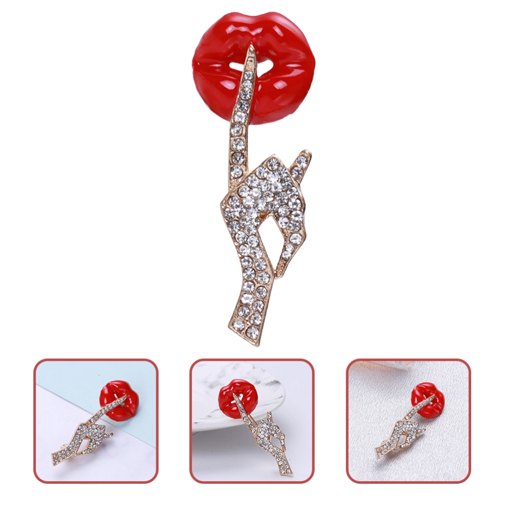 Hand Lip Brooch Clothes Metal Brooch Rhinestone Lapel Pin Secret Gesture Pin for Suit Hat