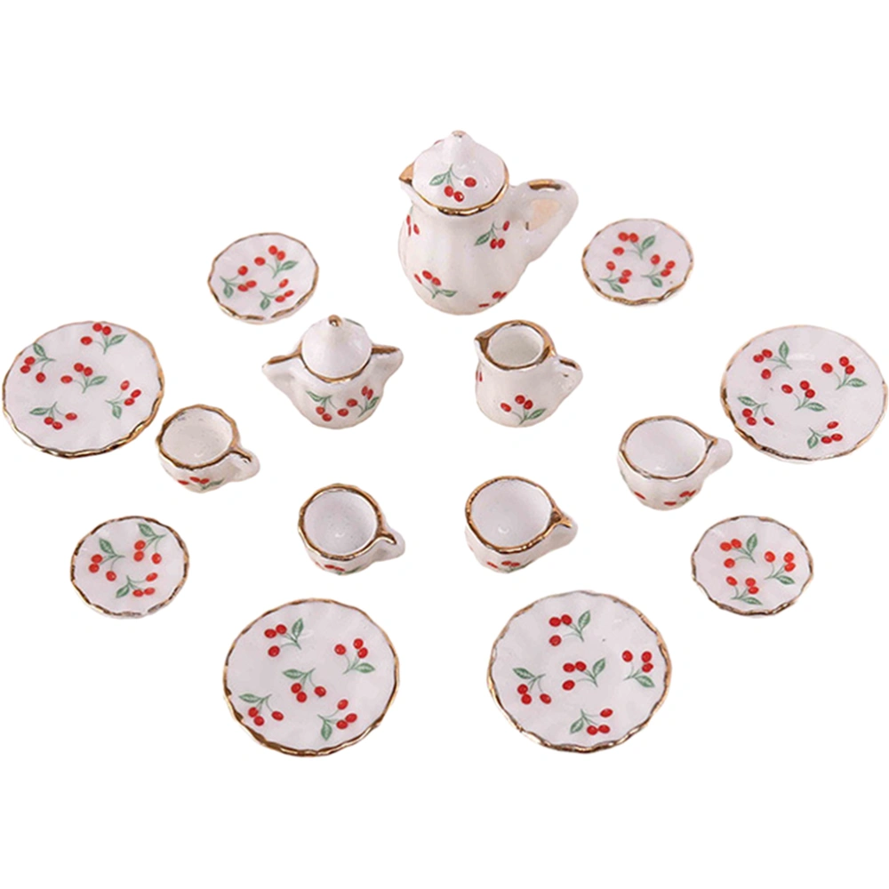 15pcs Miniature Tea Cup Set Cherry Pattern Mini Teaware Dollhouse Accessories