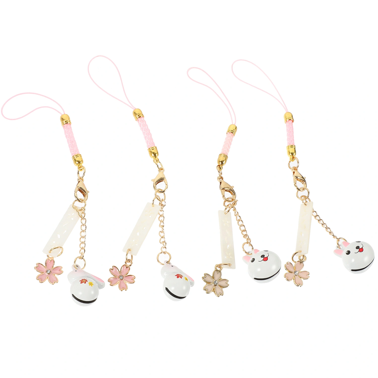 4Pcs Rabbit Design Hangings with Bell Flower Amulet Bell Pendant Phone Lanyard Decor