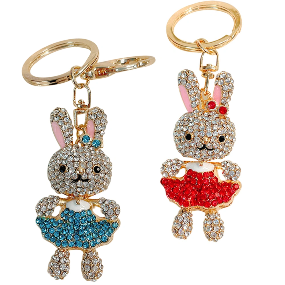 2Pcs Rabbit Shape Crystal Keychain Bag Pendant Sparkling Rhinestone Key Rings