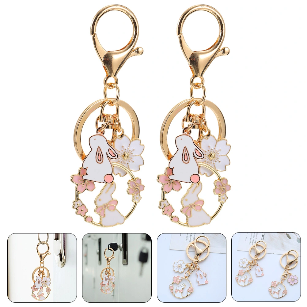 2pcs Japanese Cherry Blossom Keychain Bunny Charm Keychains Key Ring Pendants