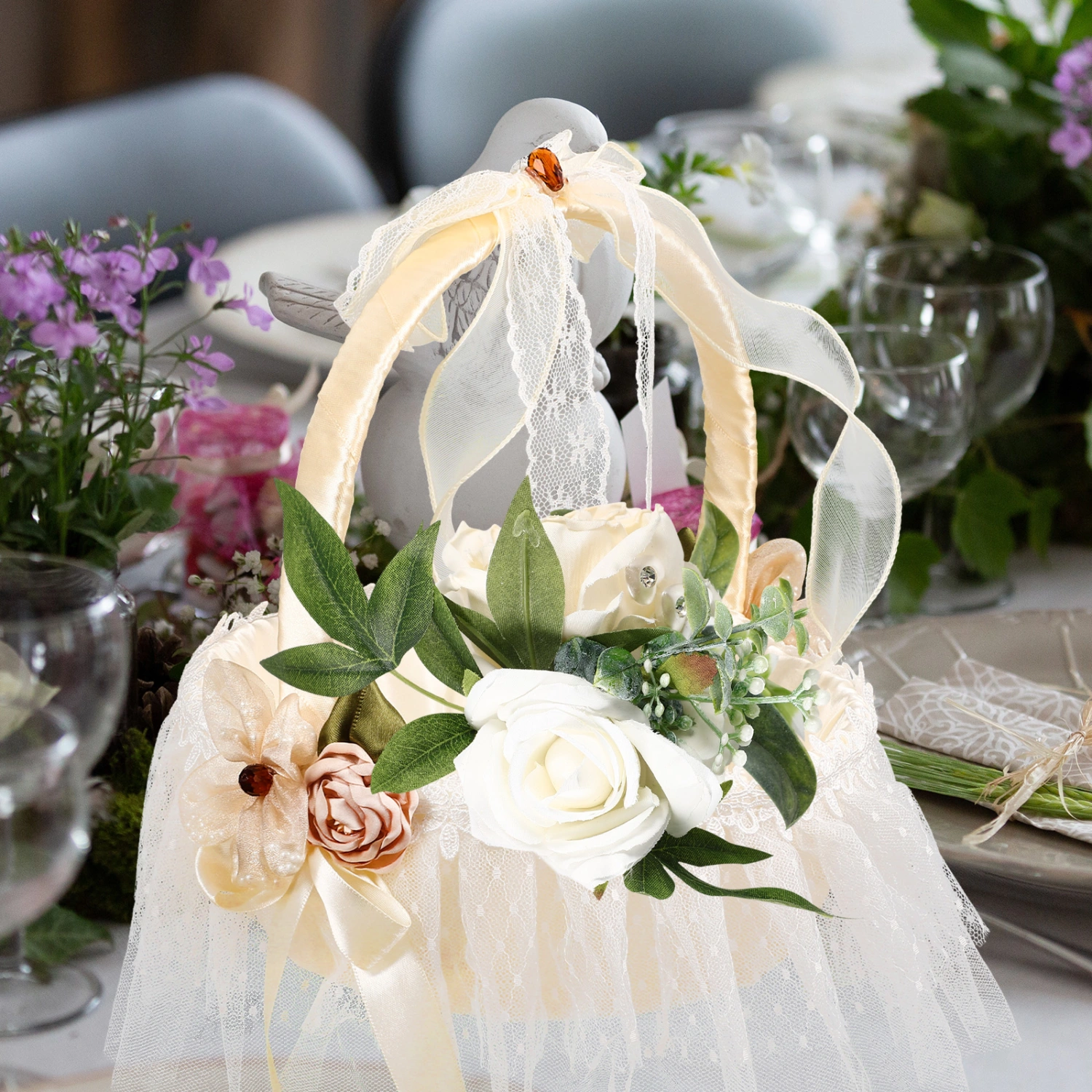 Wedding Flower Girl Basket Satin Bowknot Flower Petal Basket Wedding Party Decoration