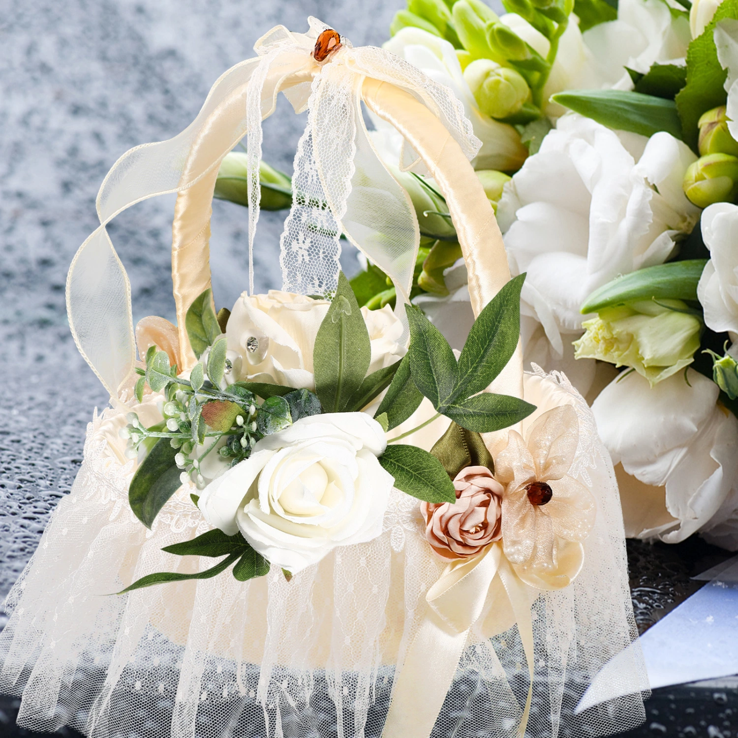 Wedding Flower Girl Basket Satin Bowknot Flower Petal Basket Wedding Party Decoration