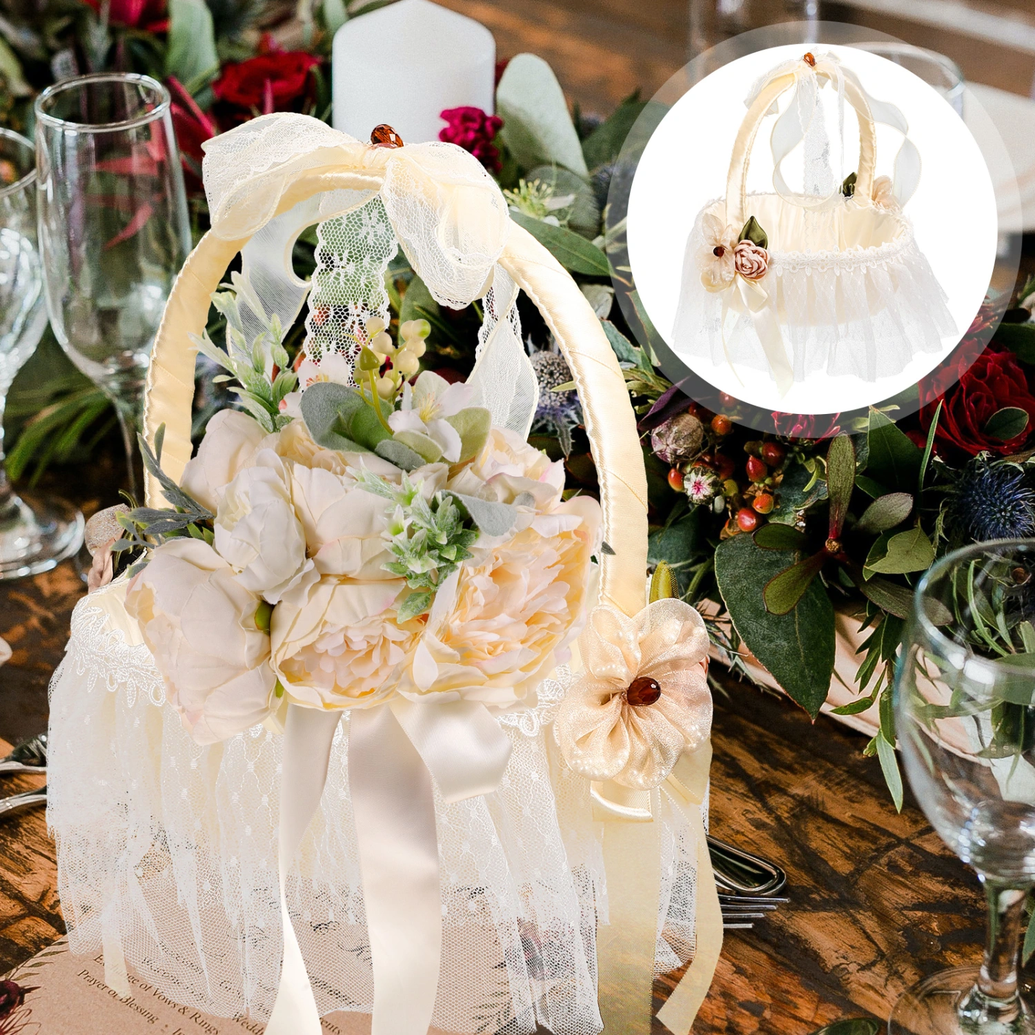 Wedding Flower Girl Basket Satin Bowknot Flower Petal Basket Wedding Party Decoration