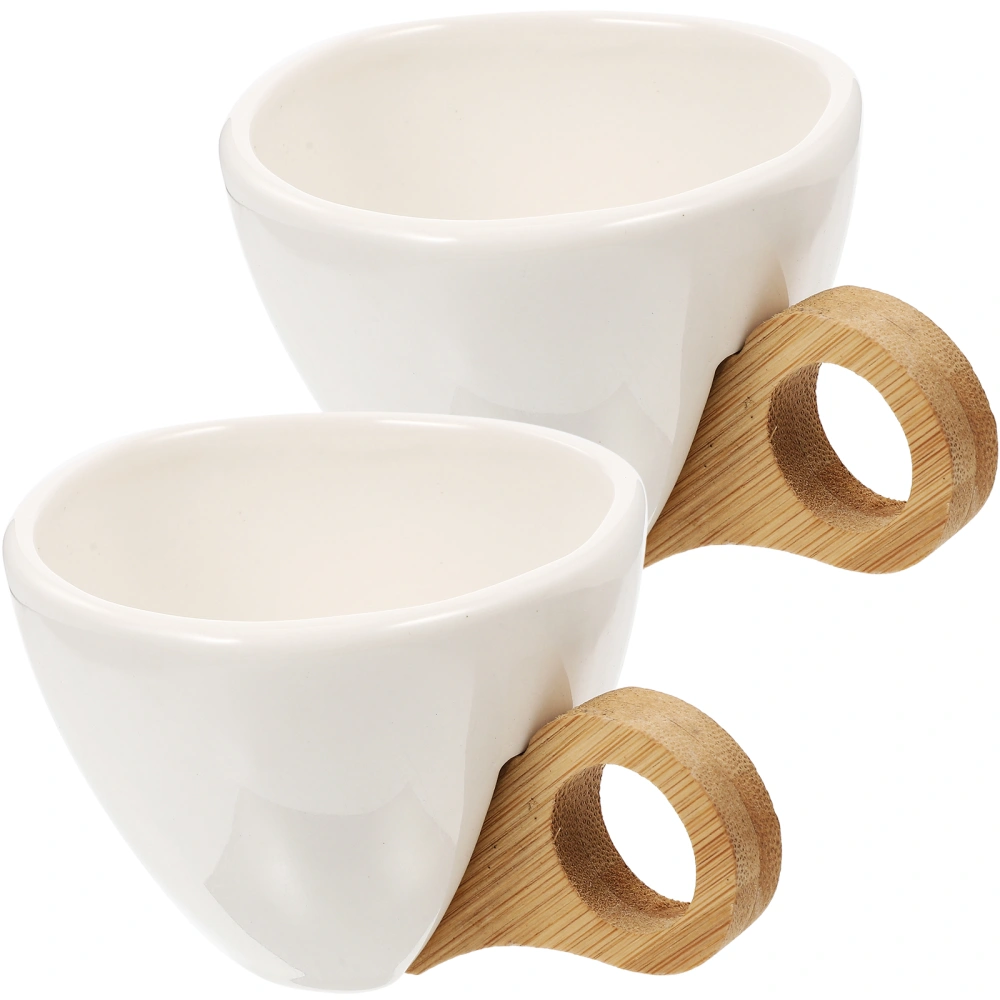 2Pcs Wooden Handle Coffee Mug Ceramic Coffee Cup Household Drinking Cup Espresso Cup