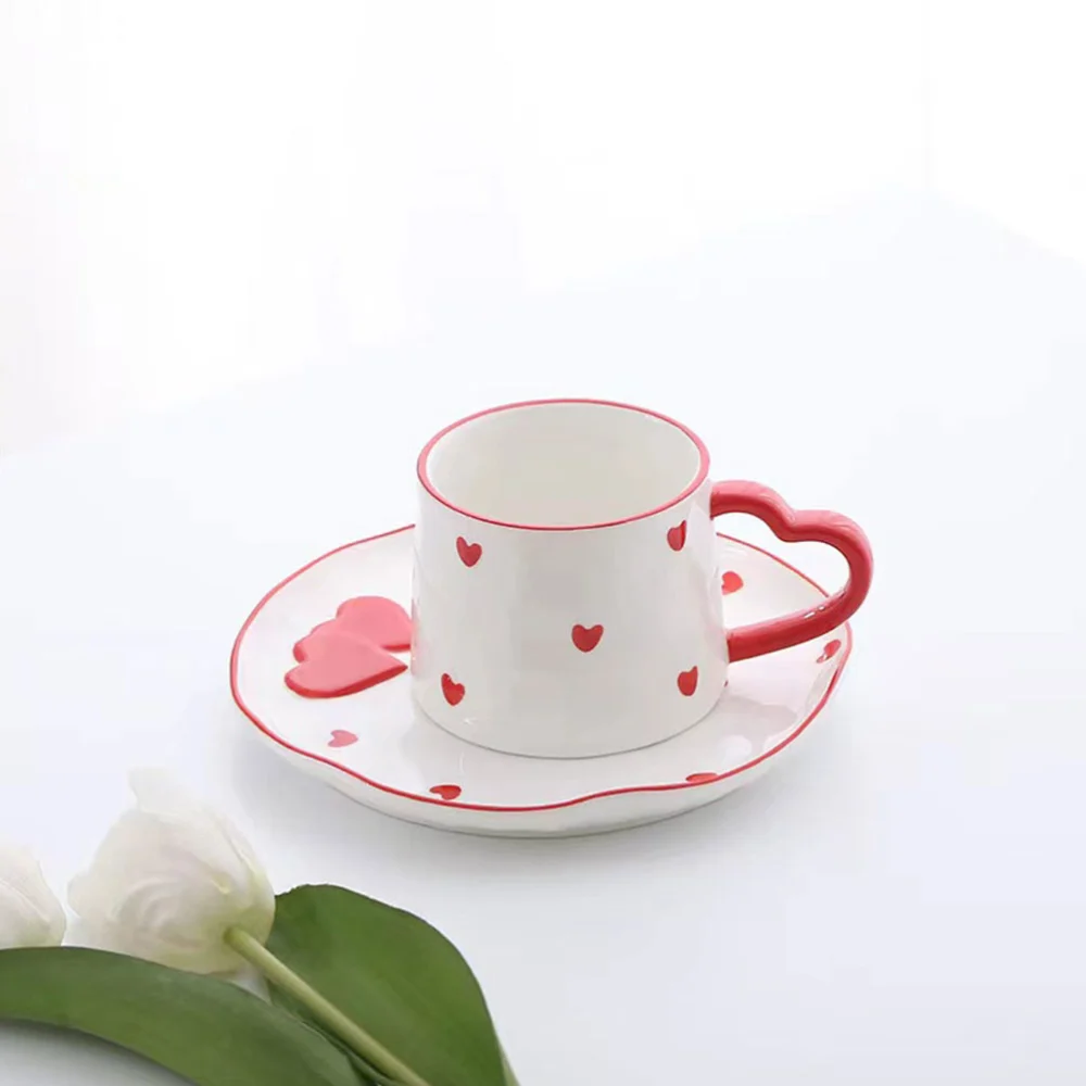 1 Set Valentine's Day Mug Household Water Cup Ceramic Coffee Mug Heart Design Mug Saucer Festival Gift