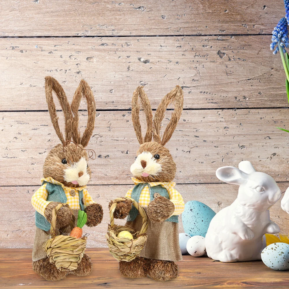 2pcs Easter Straw Woven Bunny Figurines Bunny Statues Rabbit Bunny Decorations Home Decor