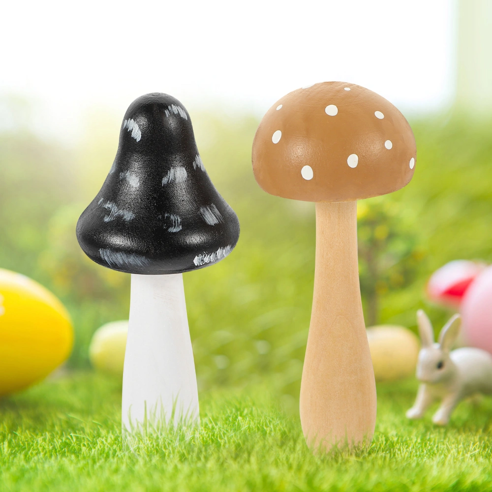 2pcs Wood Mushroom Statues Mushroom Ornament Garden Micro Landscape Decoration